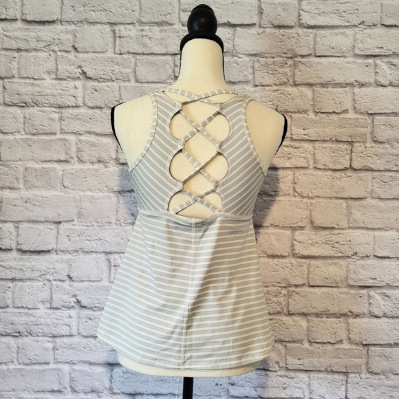 Prana light gray white striped strappy crisscross back detail tank top size S - Picture 7 of 9